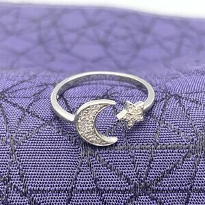 925 Sterling Silver Moon And Star Ring, Size 5.5 CZ Or Diamonds, Moon Star Band